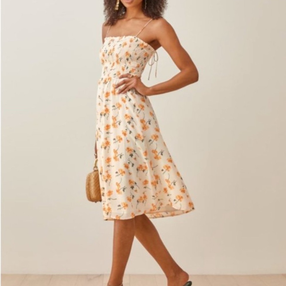 Reformation Strapless Floral Dress in Cream and Orange